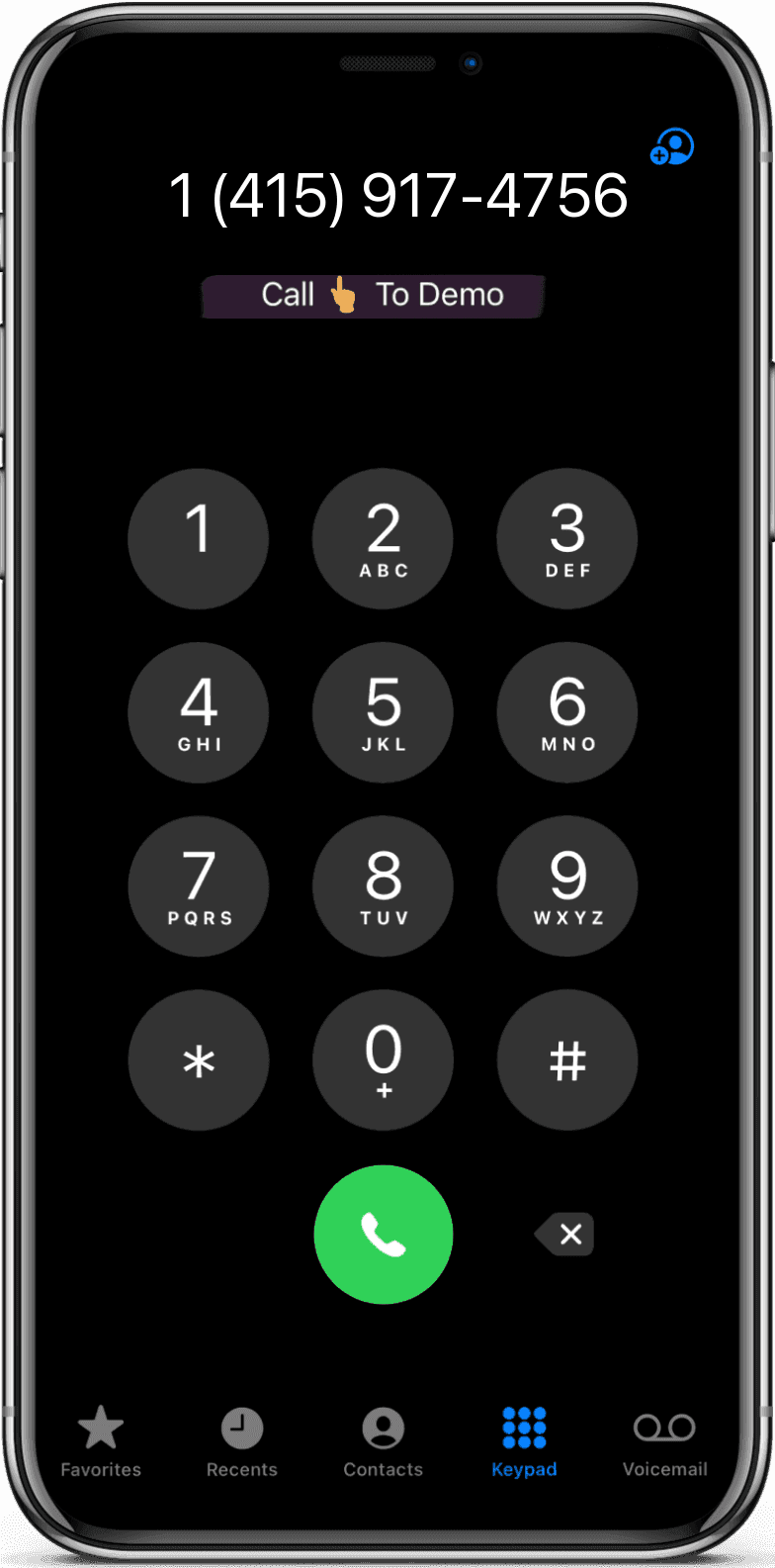 SayVo AI phone dialer showing 1 (415) 917-4756, Call to Demo